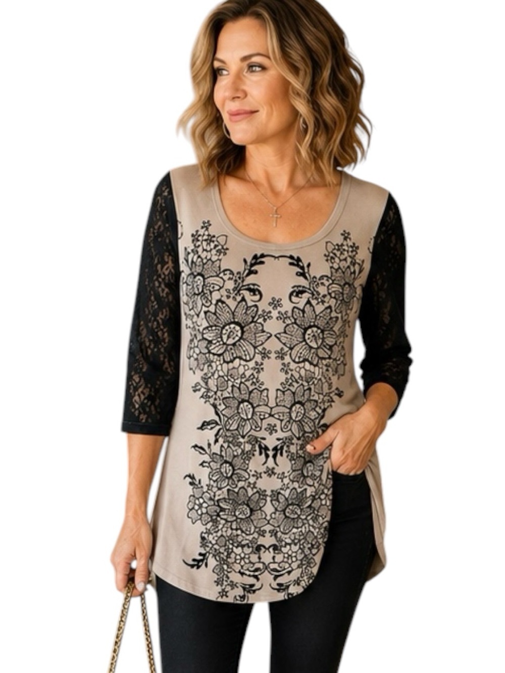 B.L.E.U. | Flocked Tunic Lace sleeves Sz S GUC